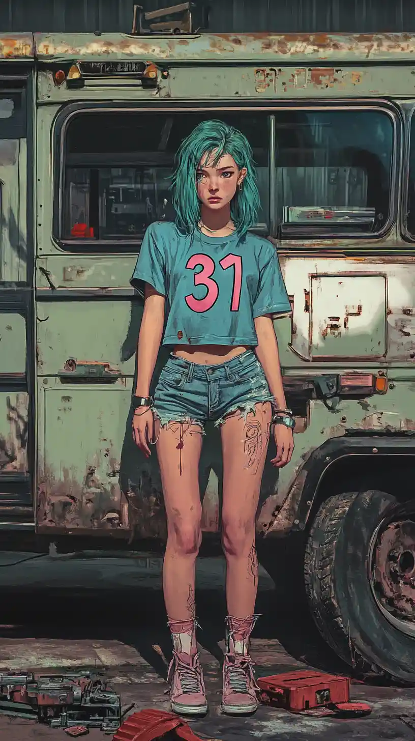 Turquoise haired girl by a rusted bus in garage
