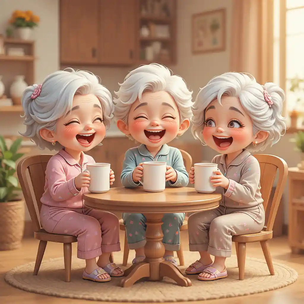 Drei chibi Omas, die gemeinsam bei einem gemütlichen Kaffee lachen
