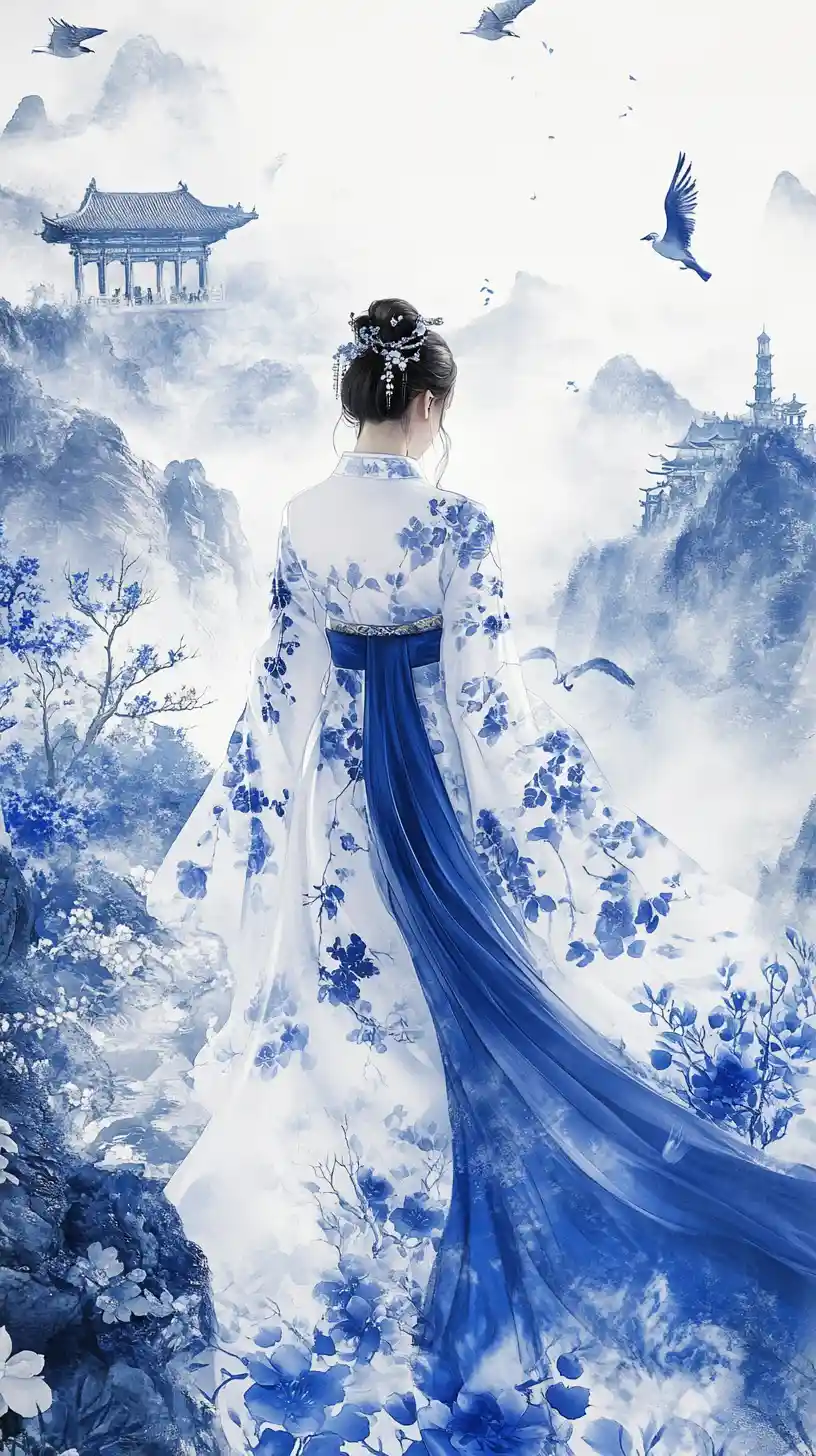 Mulher elegante em vestido inspirado em porcelana entre montanhas azuis