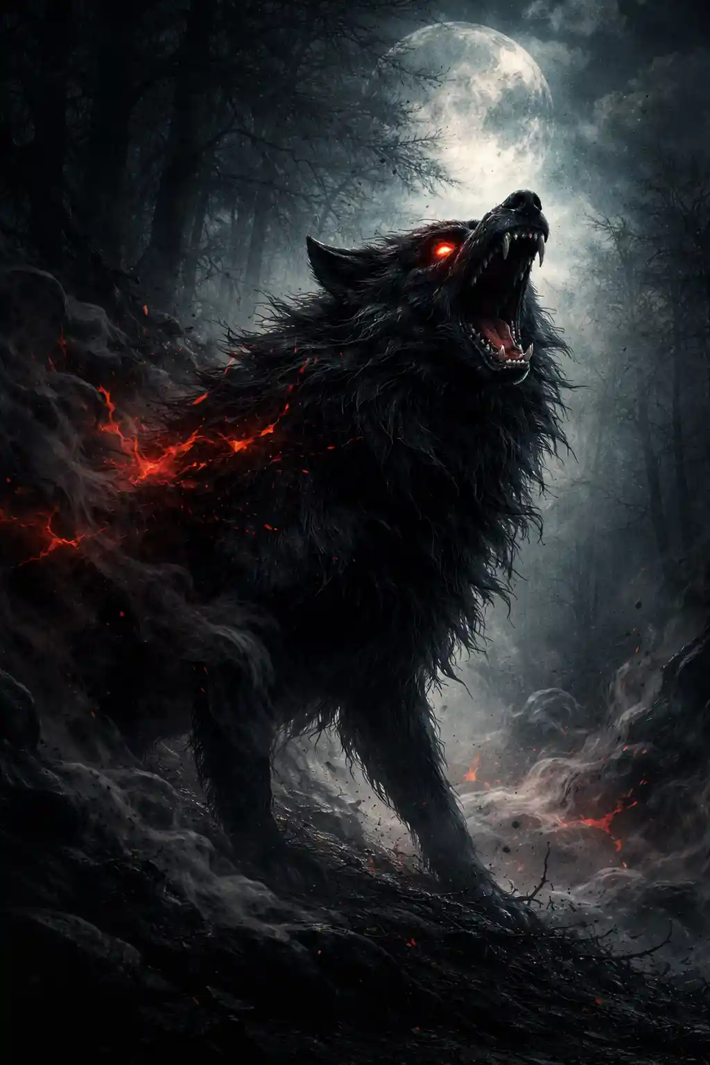 Dunkler Wolf heult am Rand eines rauchigen Waldes