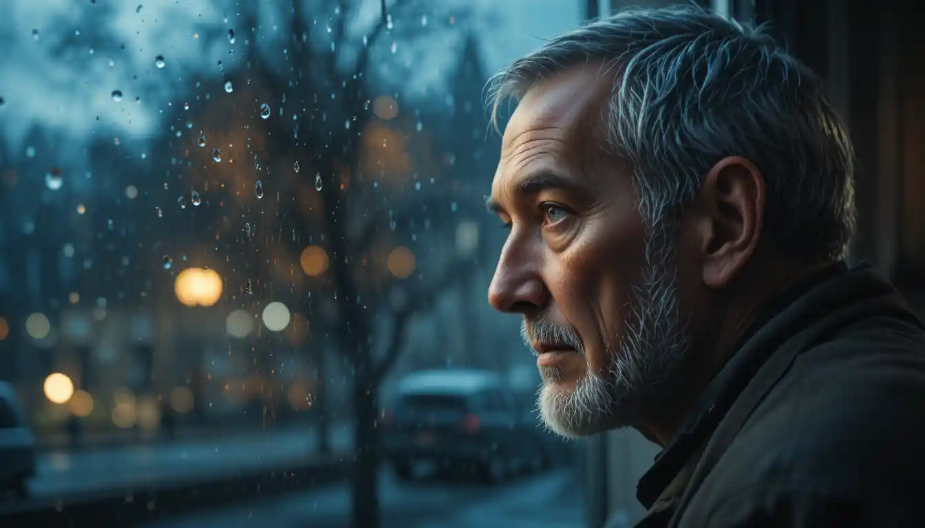 Old man at a rainy window in soft mixed evening light