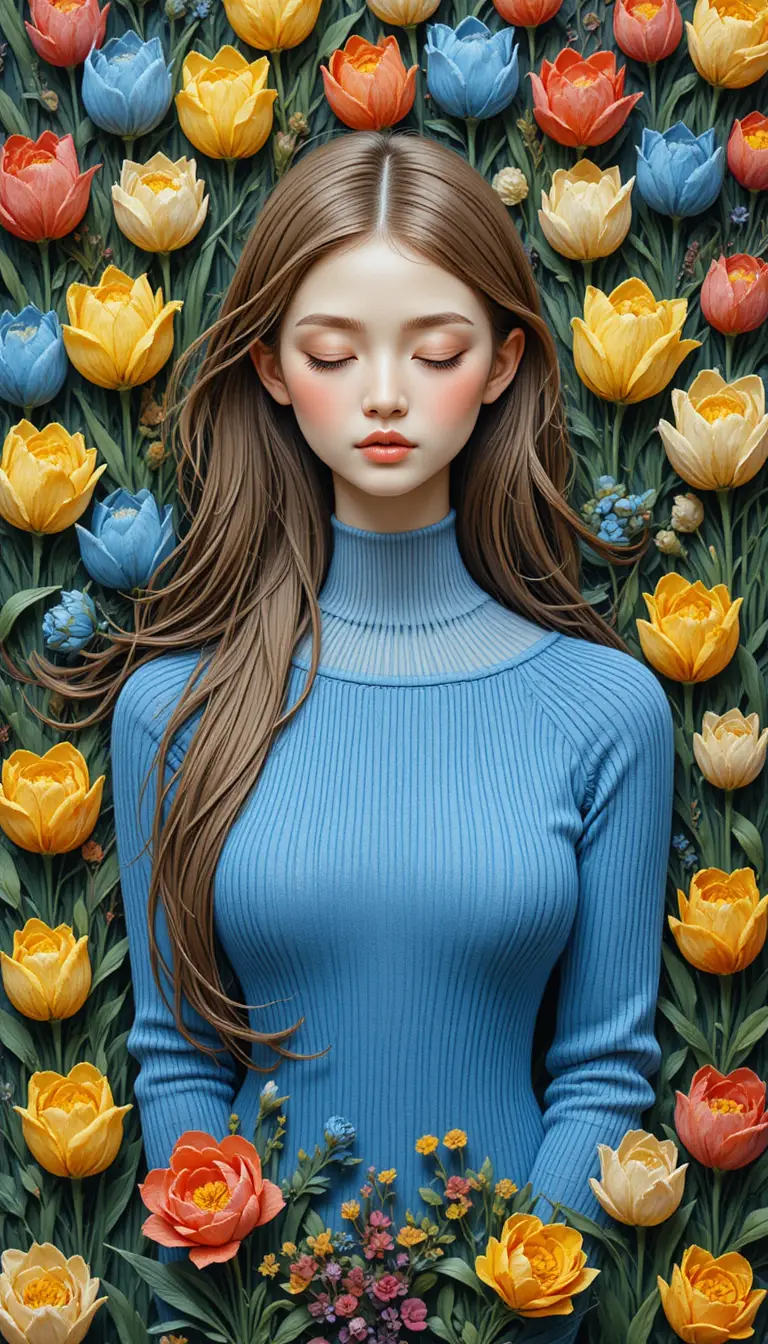 Embroidered girl with tulips in a dreamy floral garden