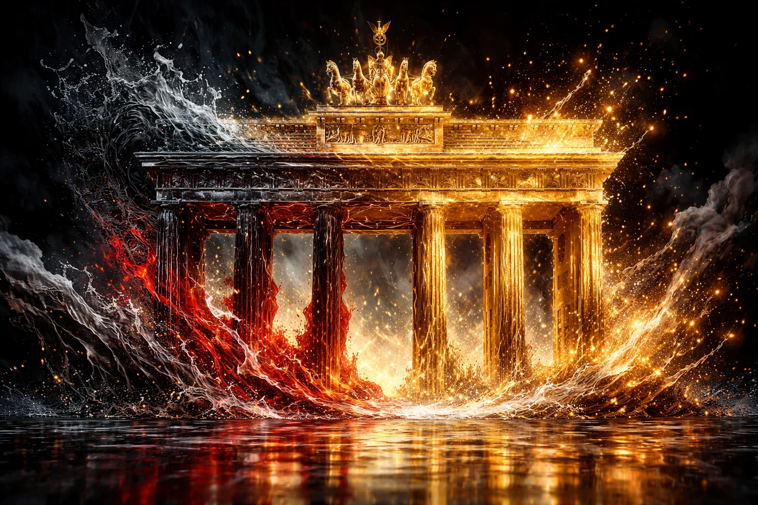 Brandenburger Tor, das aus wirbelndem, farbigem Dampf entsteht