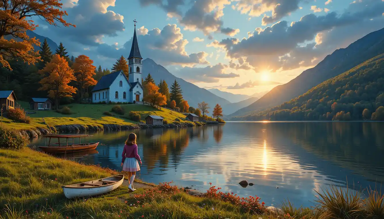 Girl walking by a calm lake near a blue church