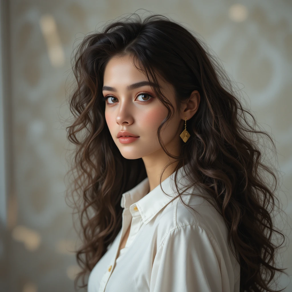 Young woman portrait with soft curls and gold earrings