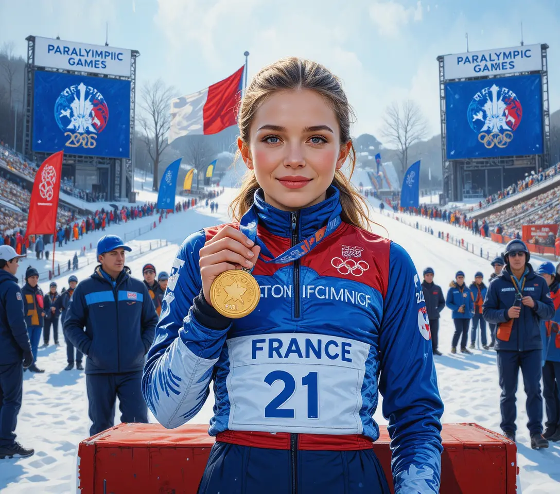 French paralympic biathlete receiving gold medal on podium