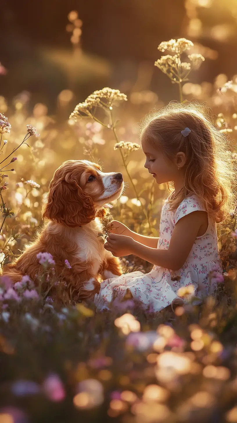 Small child with cocker spaniel in sunny flower meadow