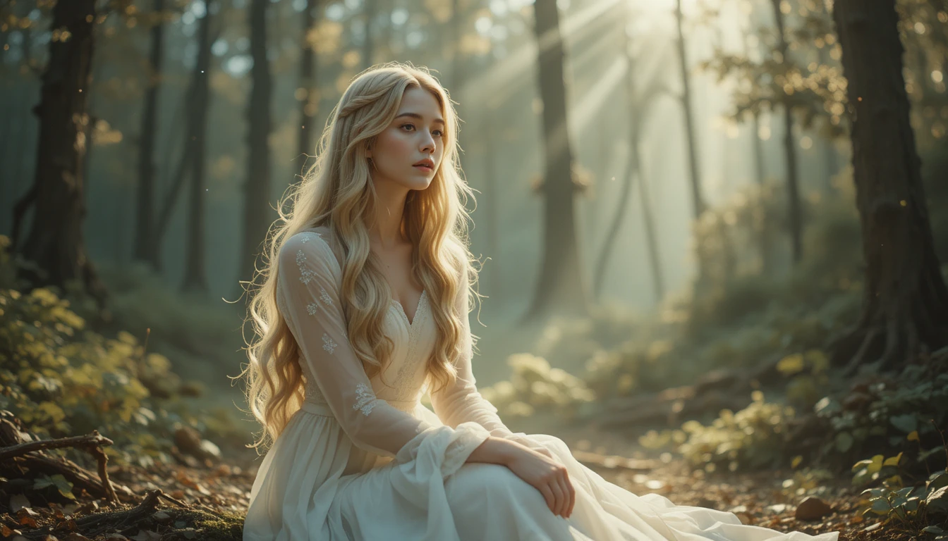 Young woman in white dress in a glowing forest