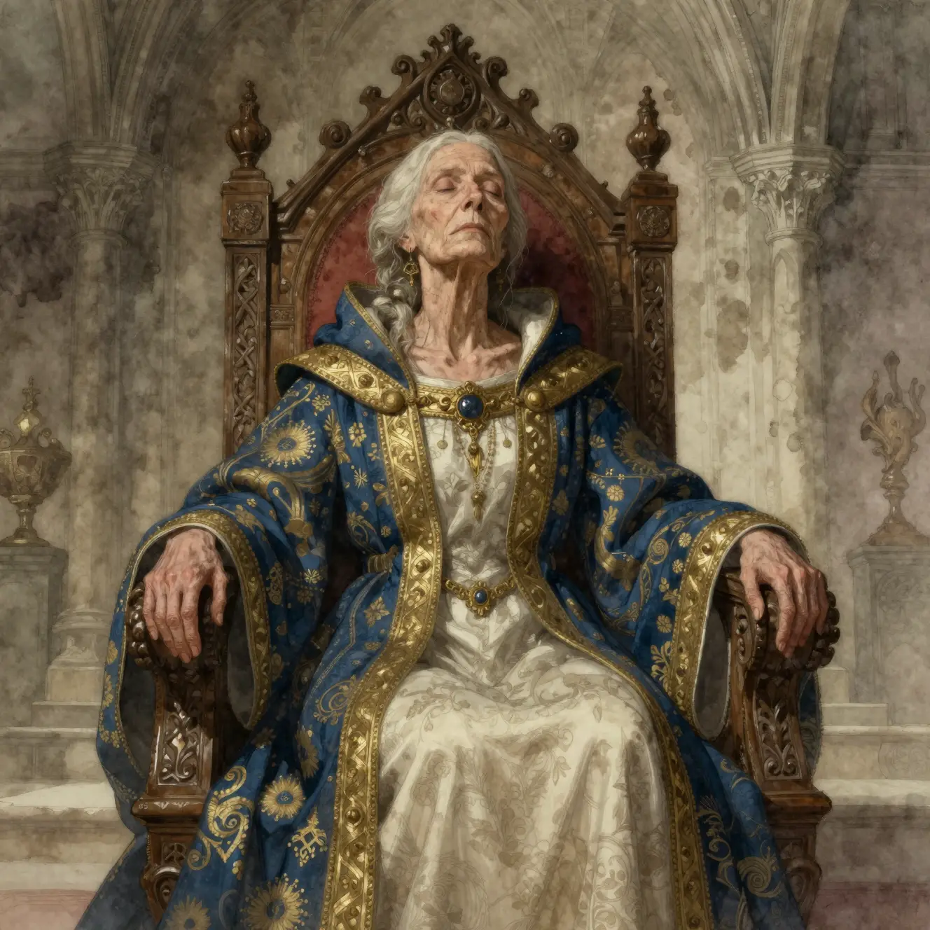 Elderly woman resting on a throne in a gothic hall
