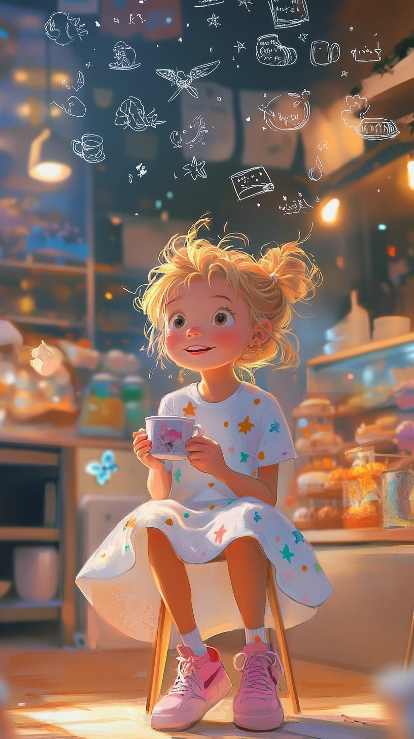 Illustration d’une fille blonde rêvassant dans un café chaleureux