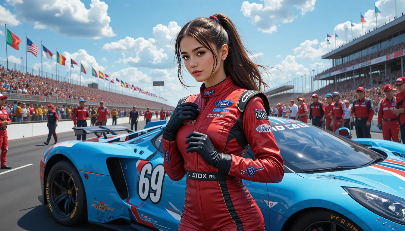 Italian race winner beside blue Ford GT on track