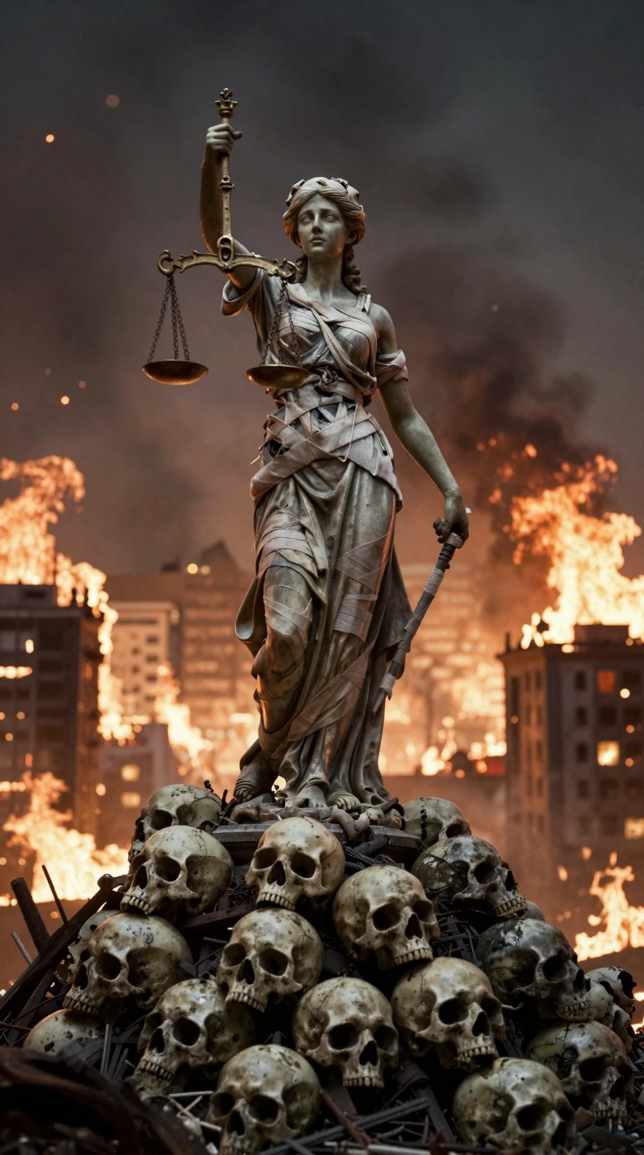Bandaged Lady Justice Statue Over Skulls In Burning City