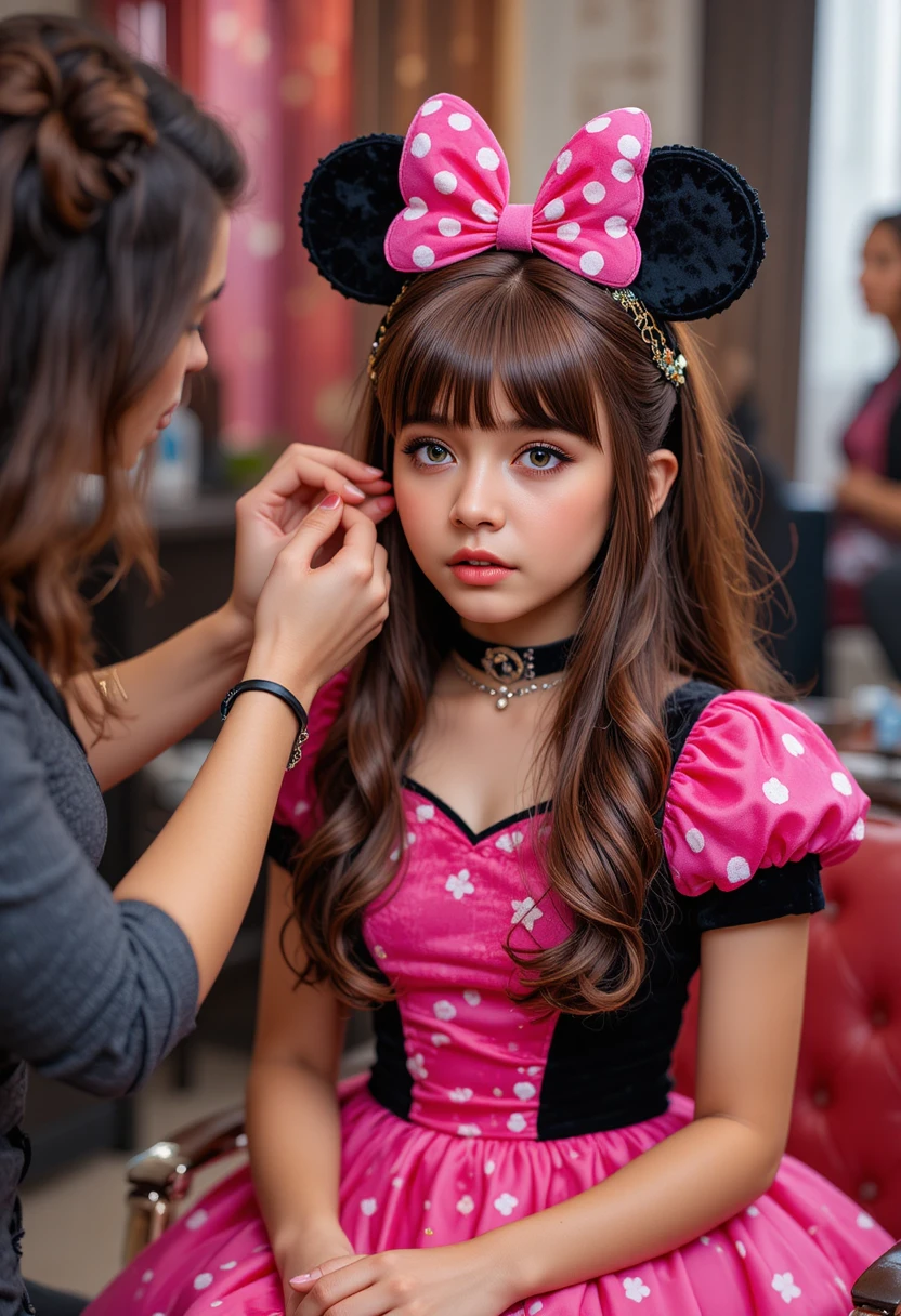 Niño aprensivo con vestido rosa de Minnie recibiendo maquillaje