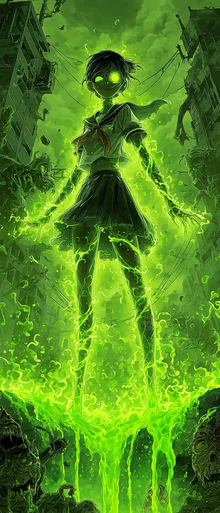 Studentessa delle superiori in stile anime mutante che emerge da melma tossica e luminosa