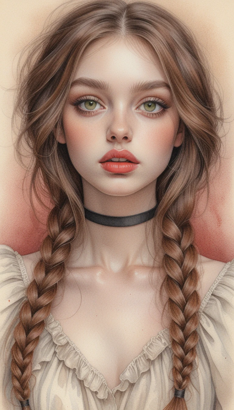 Colored pencil portrait of a girl with braids and red lips