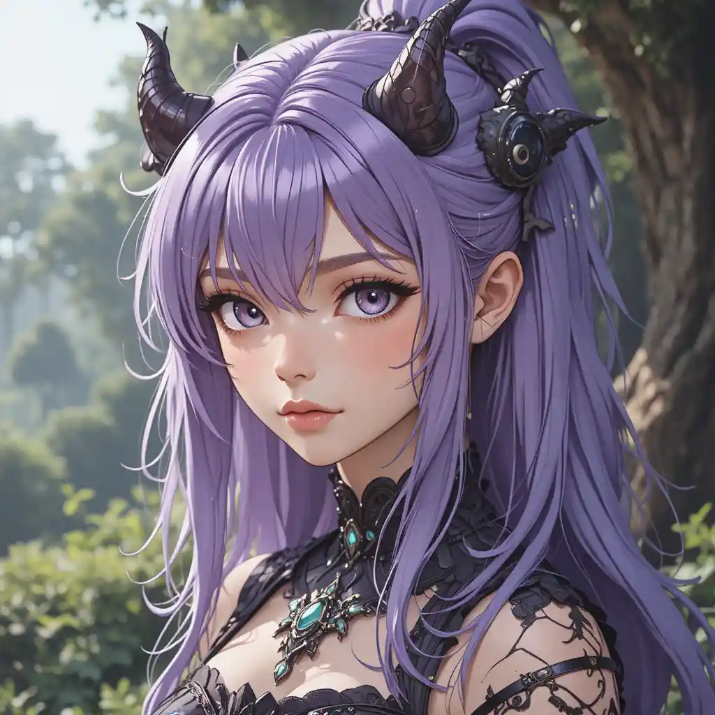 Young earth goddess girl with light violet hair and horns