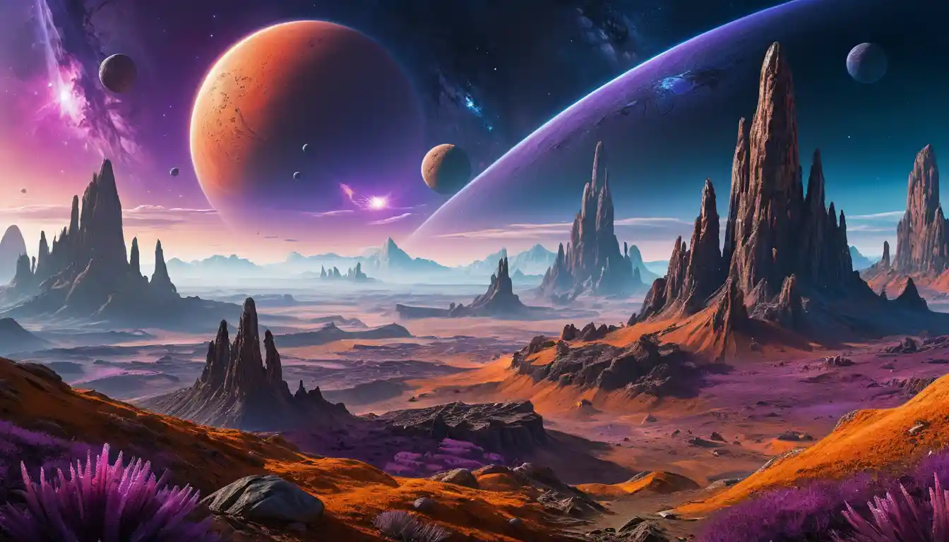 Panoramic Alien Planet Landscape Under Dual Suns