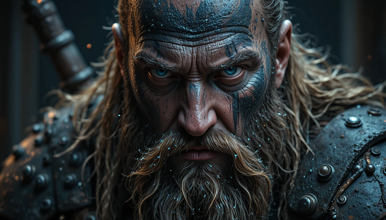 Fierce viking warrior close up with icy blue eyes