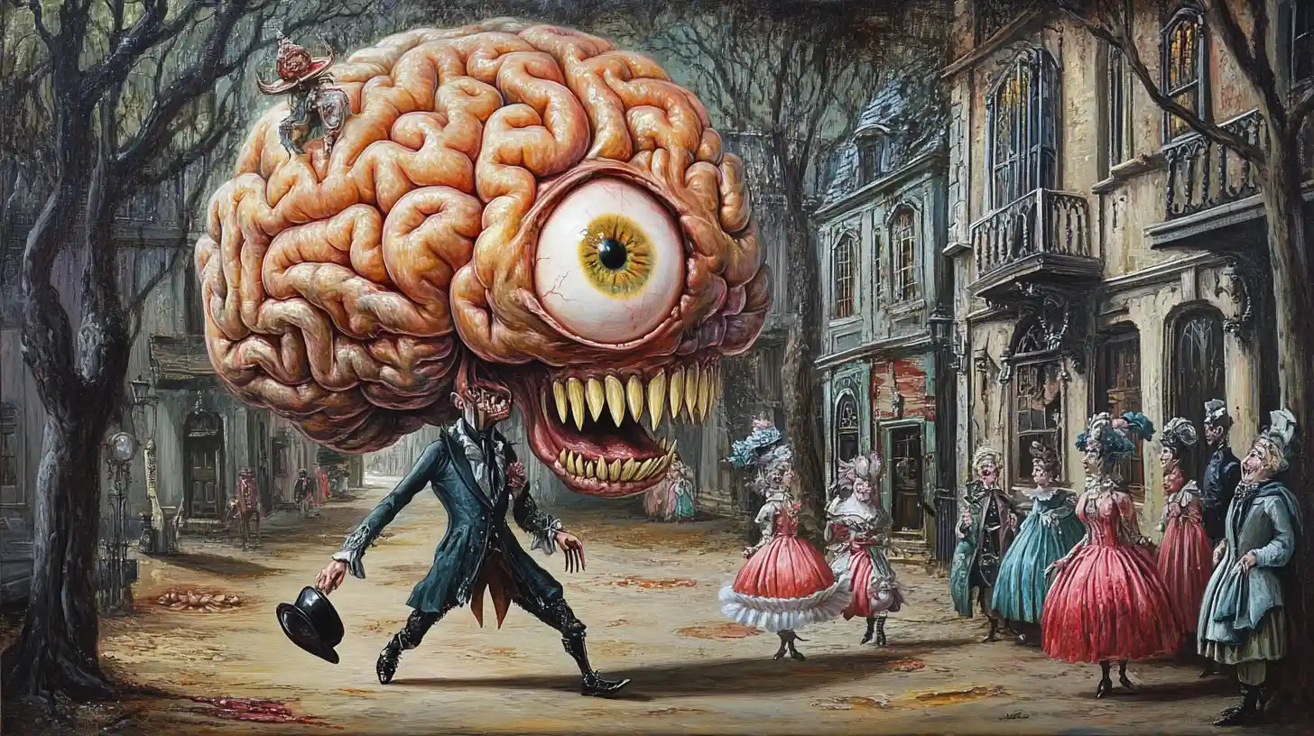 Cervello Gentiluomo Bizzarro che Passeggia in una Colorata Via di Città