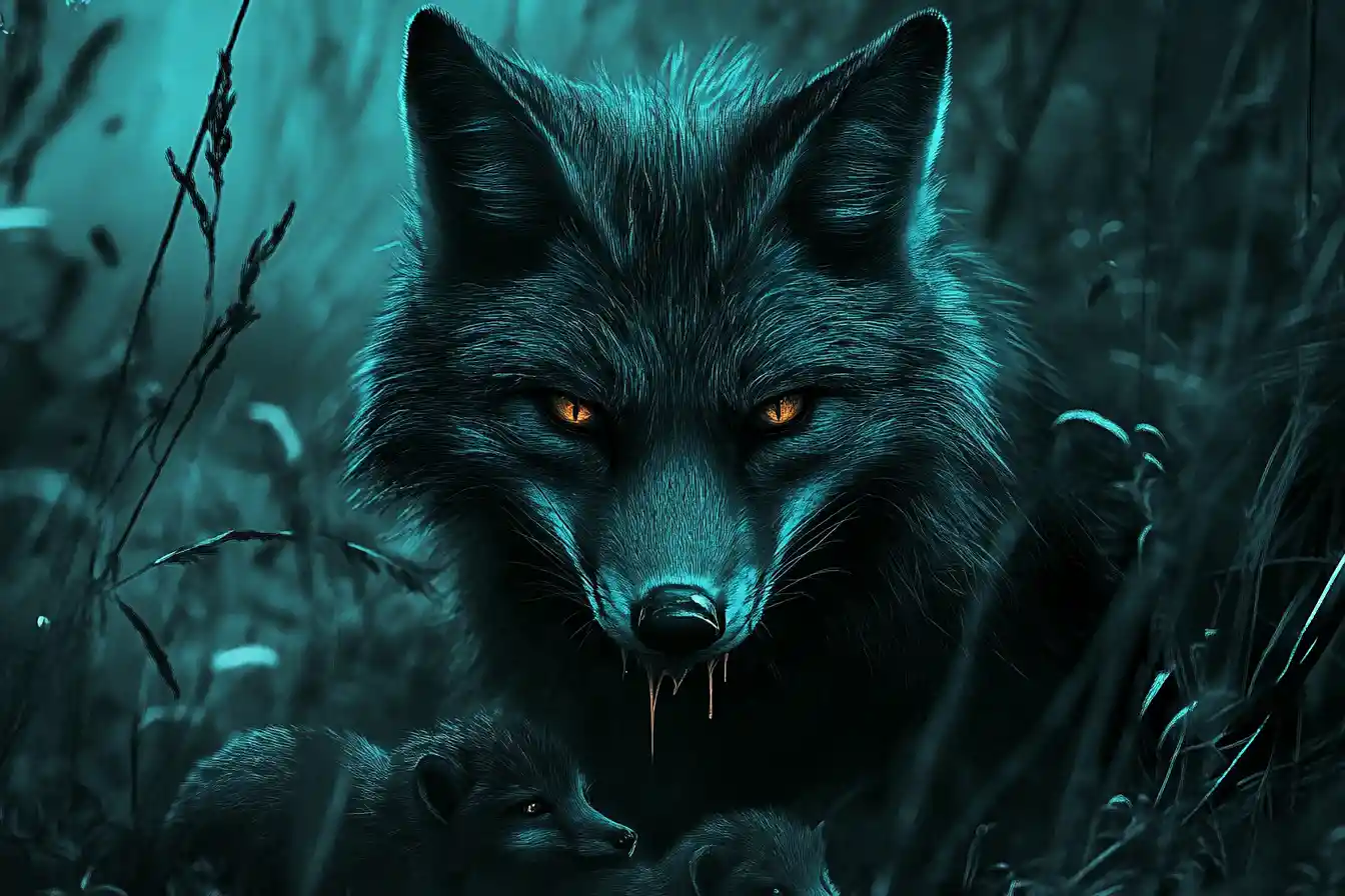Bioluminescent Fox Guarding Her Young In The Dark Forest
