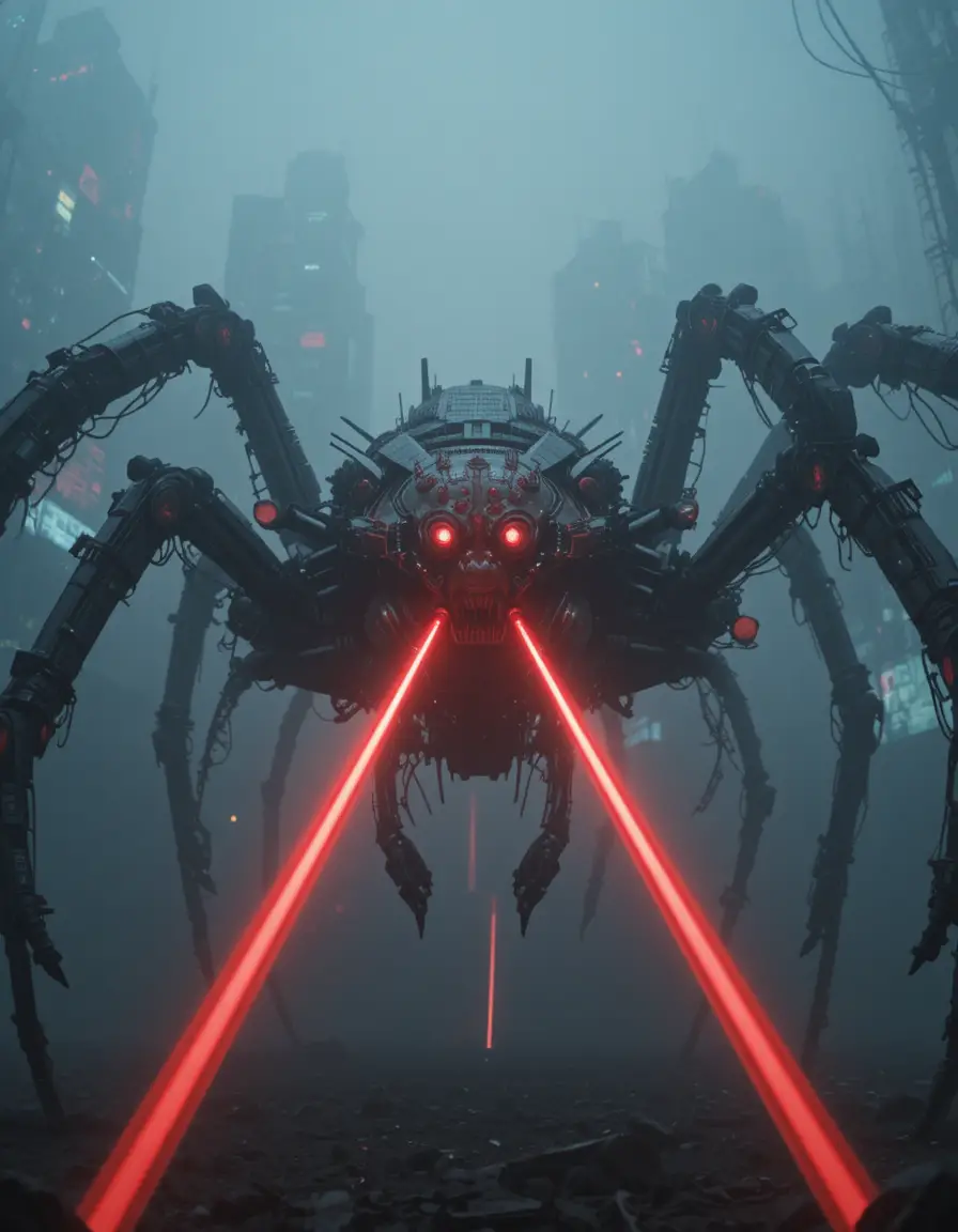 Cybernetic spider war machine with red lasers in fog