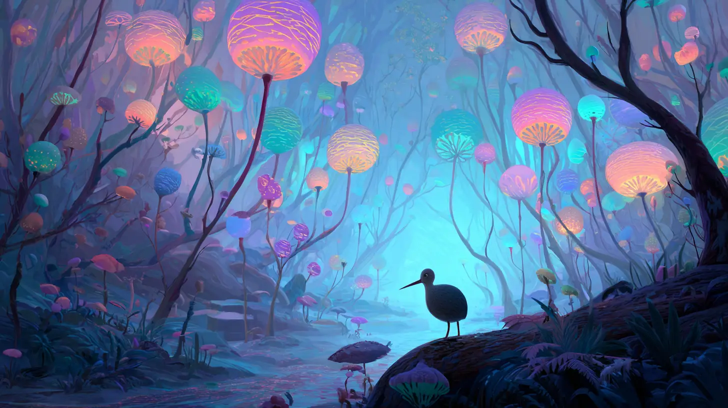 Dreamy fantasy forest with glowing lantern trees at dusk