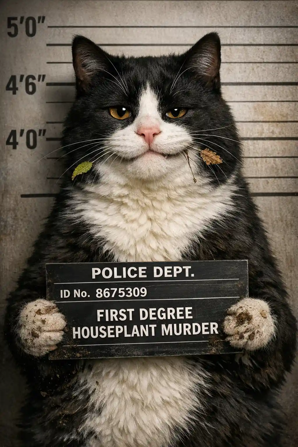 Selbstzufriedene Hauskatze im Polizeifoto mit Tafel und Messwand
