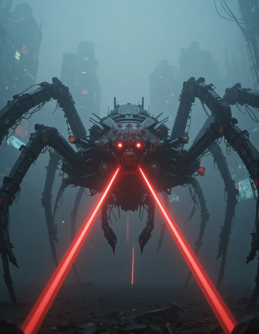 Cybernetic spider war machine with red lasers in fog