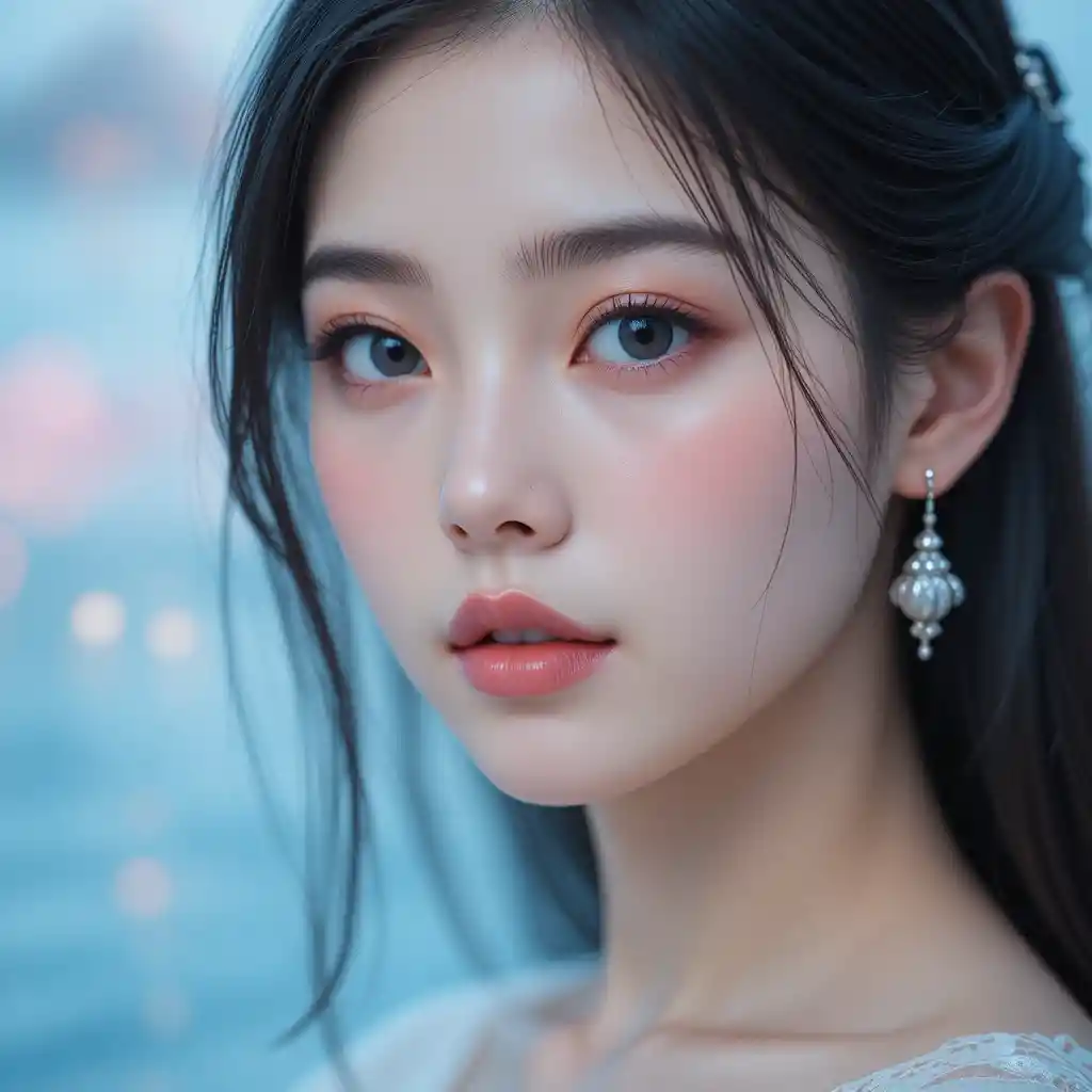 藍眼東亞女孩的柔和奇幻人像