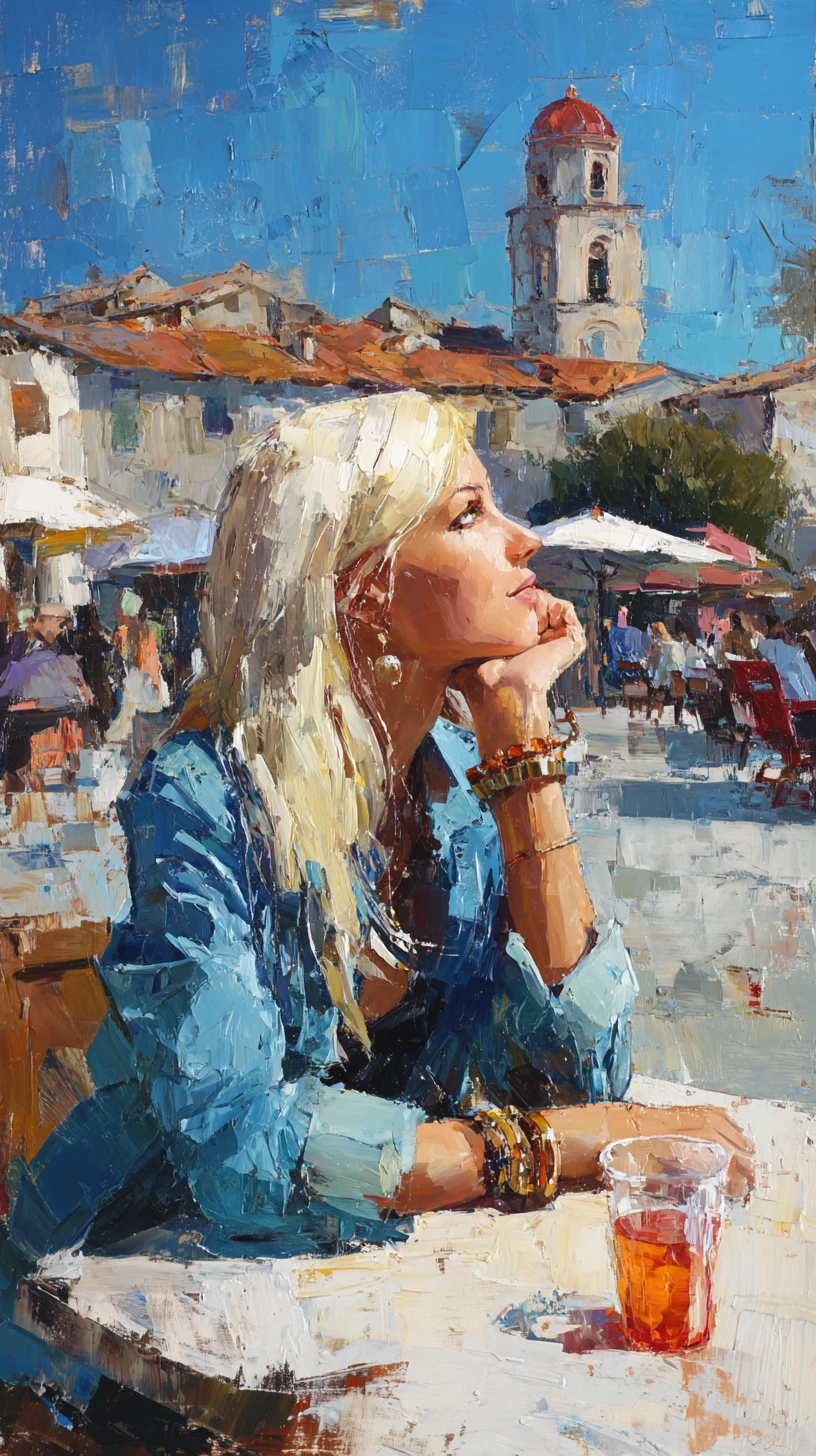 Nachdenkliches blondes Mädchen in einem belebten Stadtplatz-Café