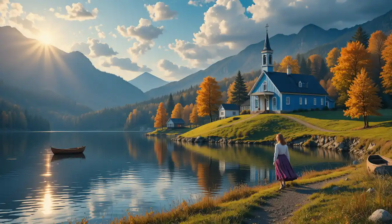 Young girl walking by a lakeside church at sunset