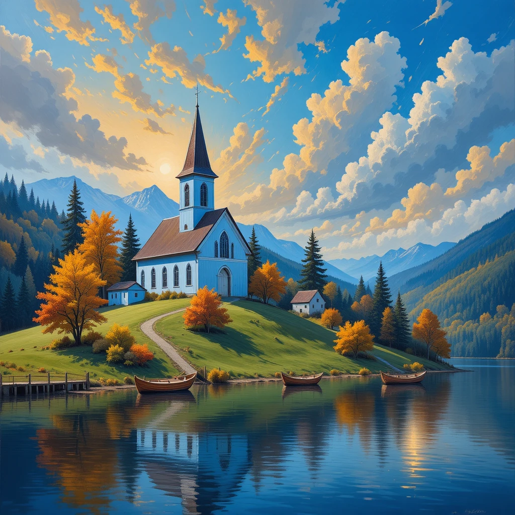 Iglesia azul en lo alto de una colina junto a un lago calmado y reflejante al atardecer