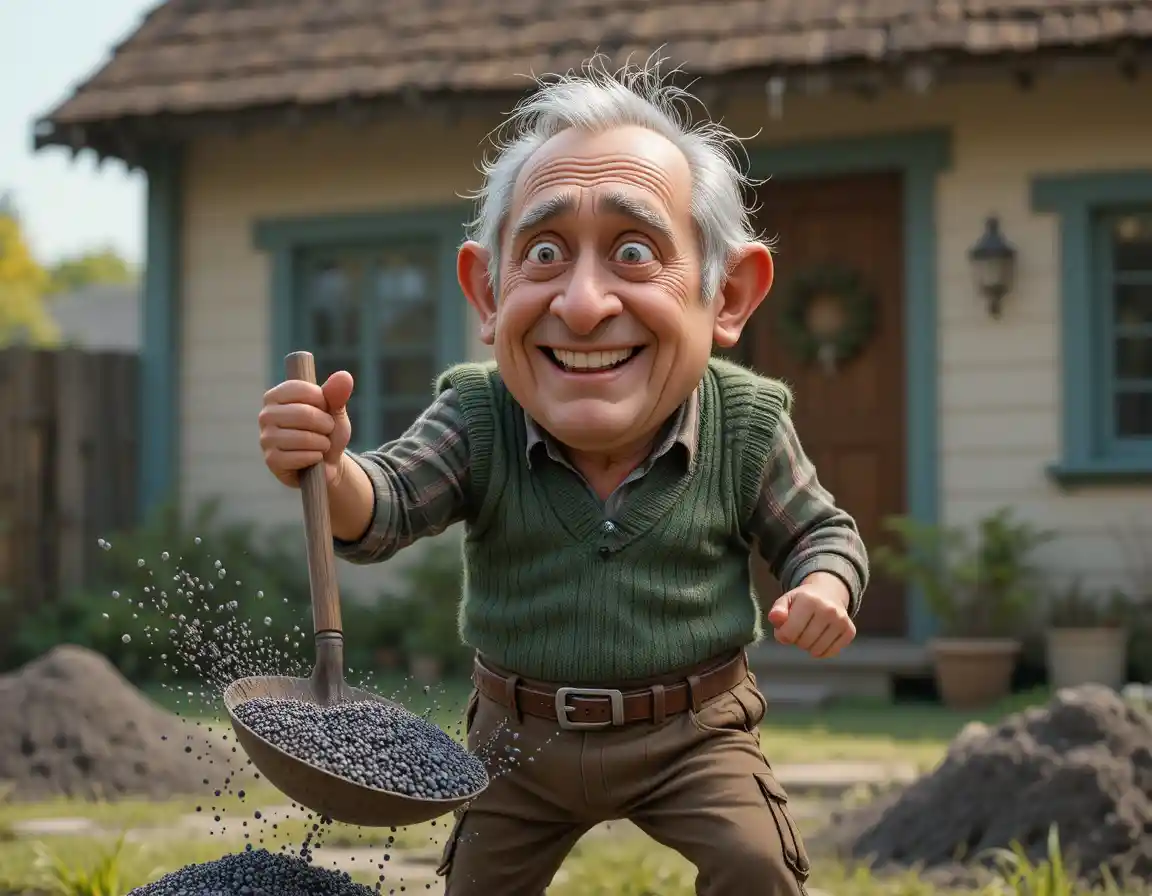 Cartoon grandfather shoveling gravel beside a rustic house
