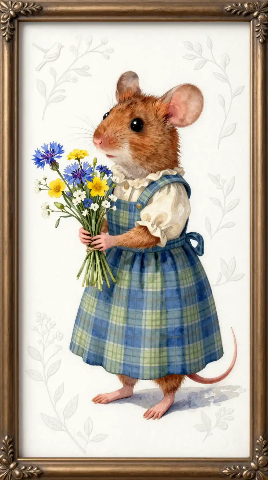 Whimsical Mouse With Wildflower Bouquet In Framed Illustration