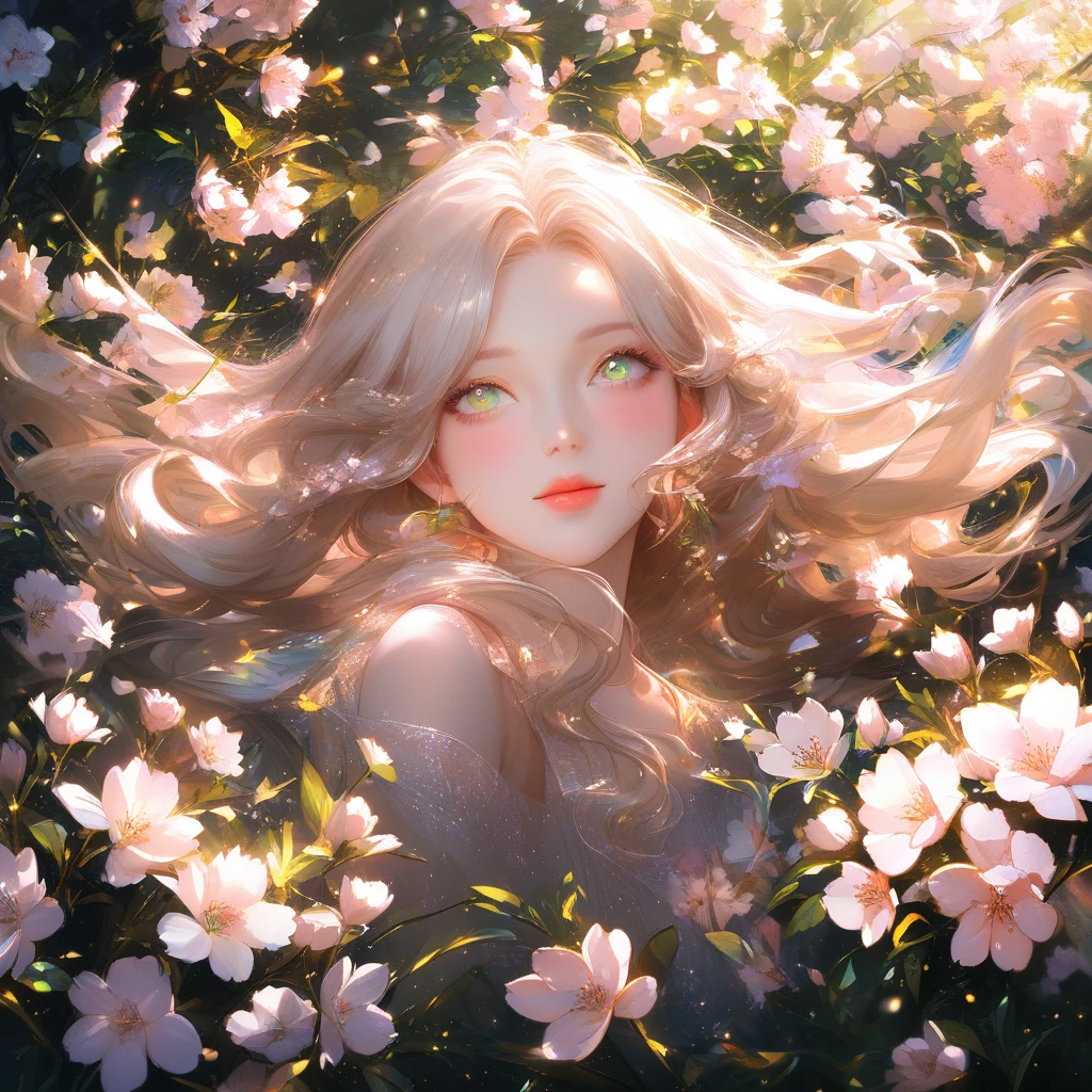 Ethereal girl in blossoms with sunlit green eyes