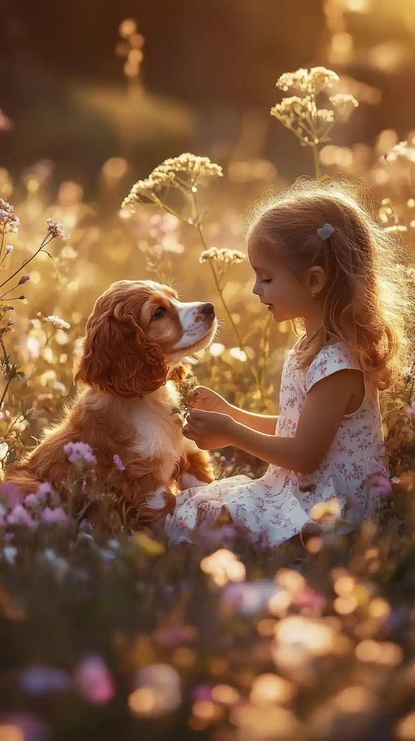 Small child with cocker spaniel in sunny flower meadow