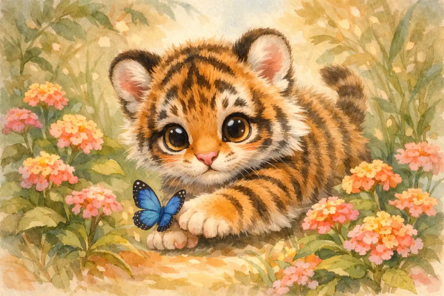 Niedliches Tigerbaby spielt mit Schmetterling in weicher Waldszene