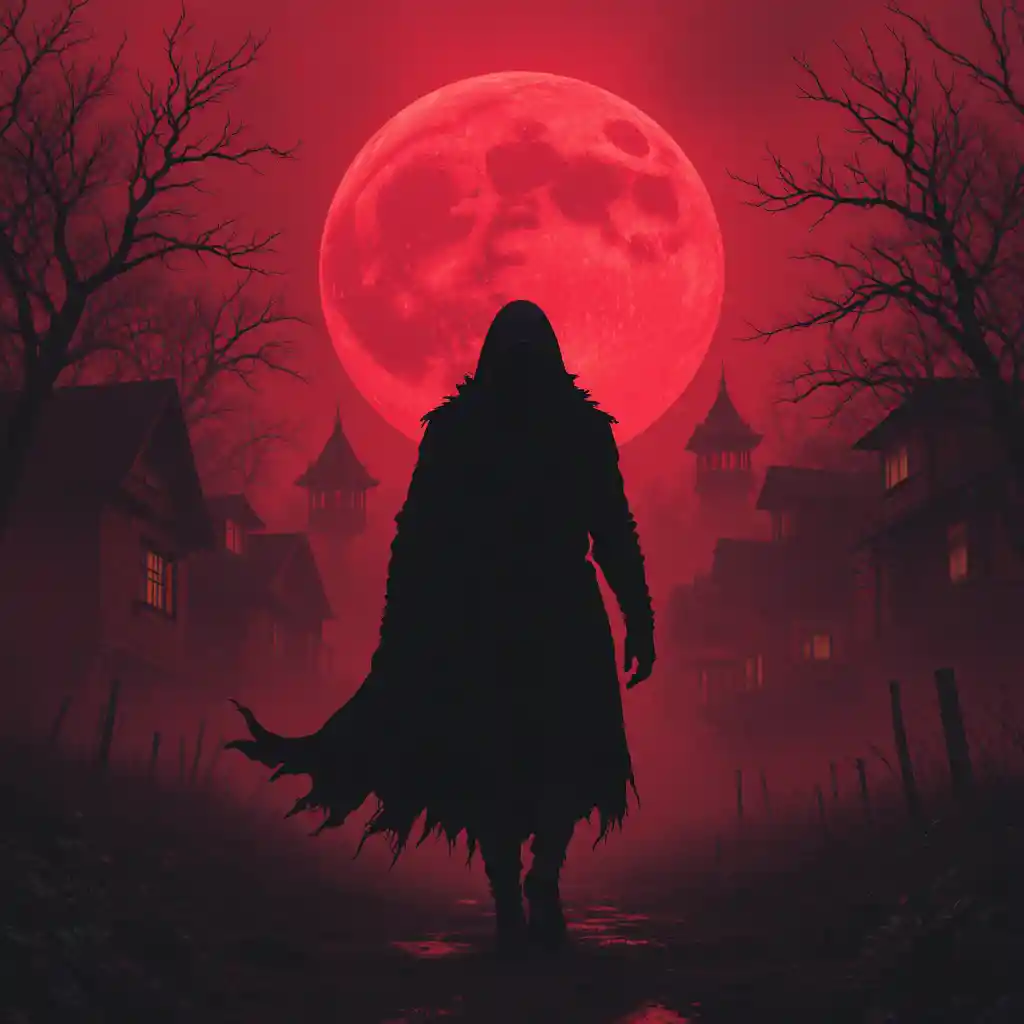 Shadowy figure walking through a village under a blood moon