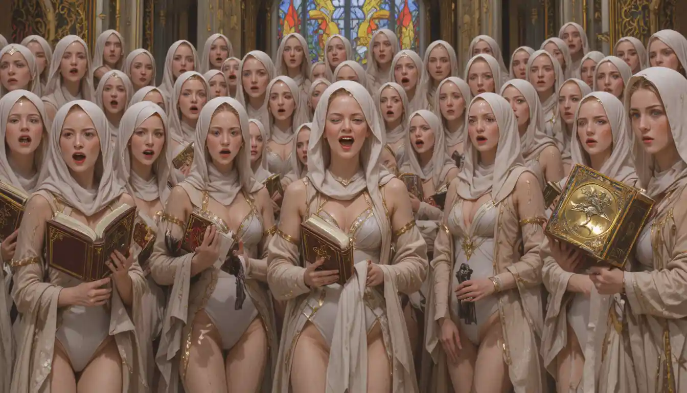 Coro de monjas guerreras acorazadas cantando ante un vitral