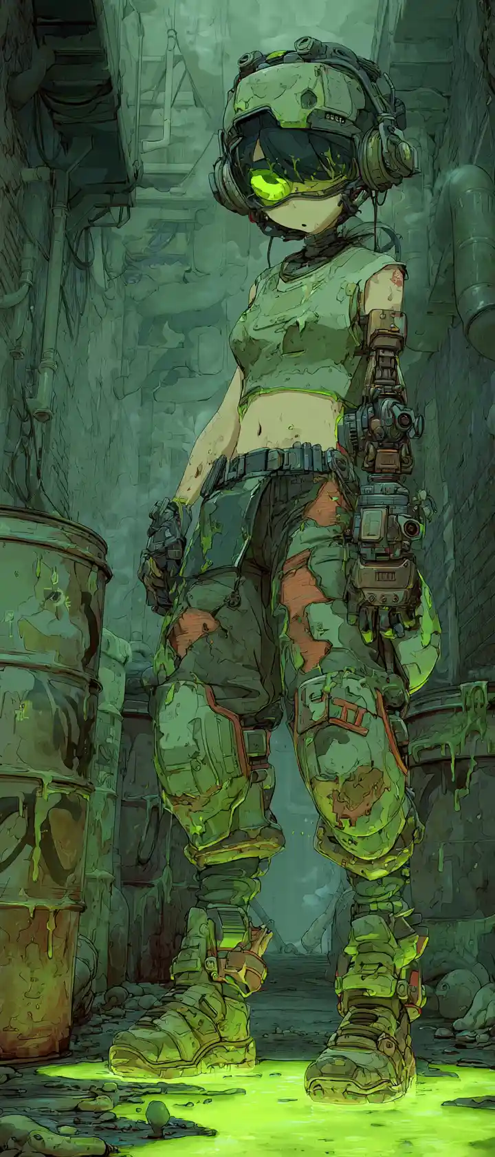 Ominous Anime Cyborg Survivor In Toxic Urban Alley