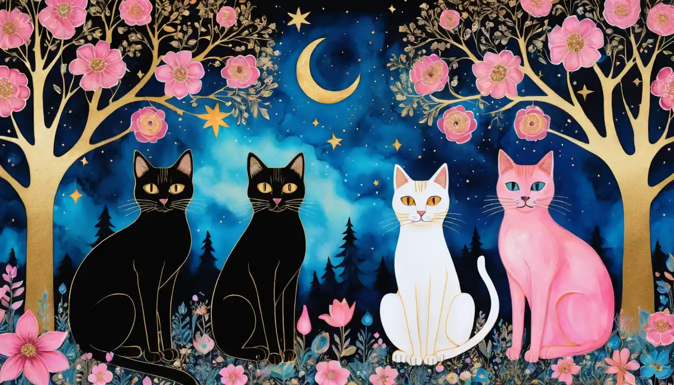 Whimsical cats in a folk art garden under star garlands