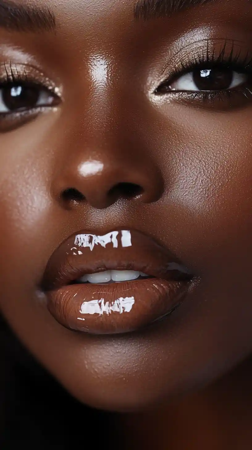Retrato de beleza macro de uma mulher negra com lábios brilhantes