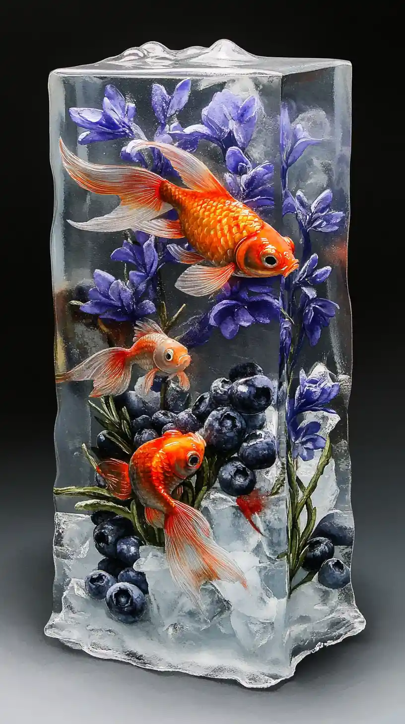 Watercolor glass ice cube with flowers and blueberries