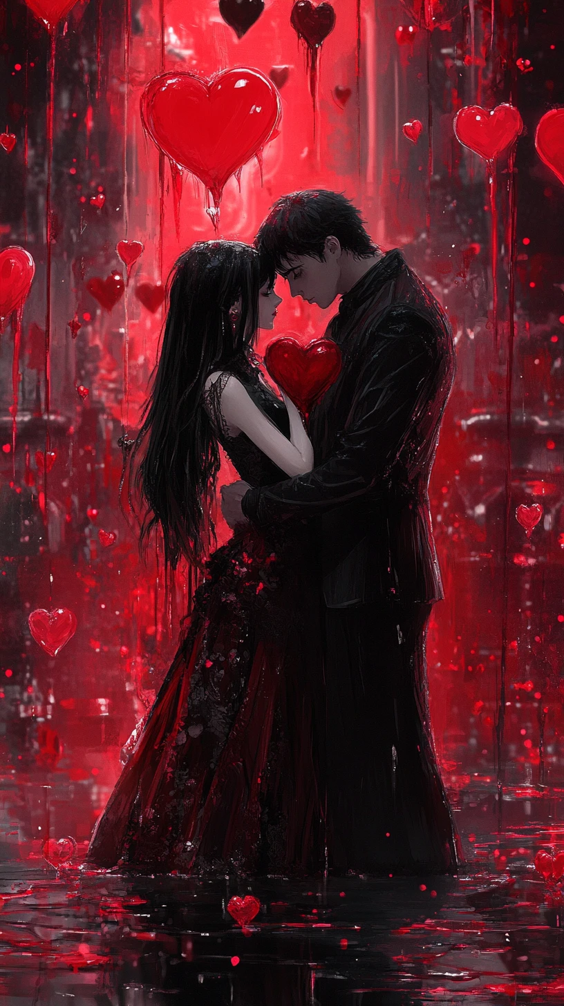 Gothic anime couple in a glowing red and black romance