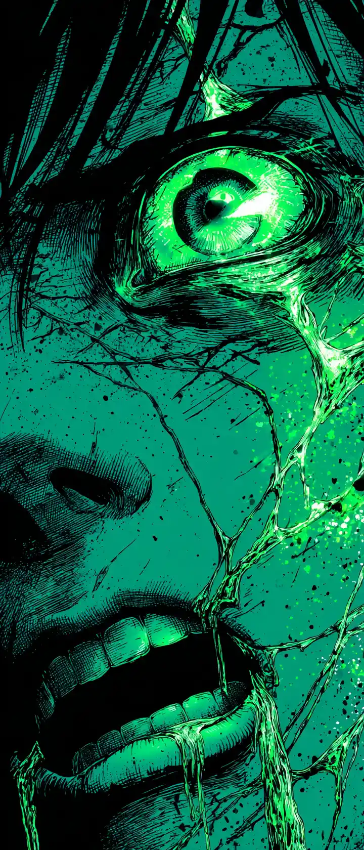 Mutated anime woman close up with toxic green tumors