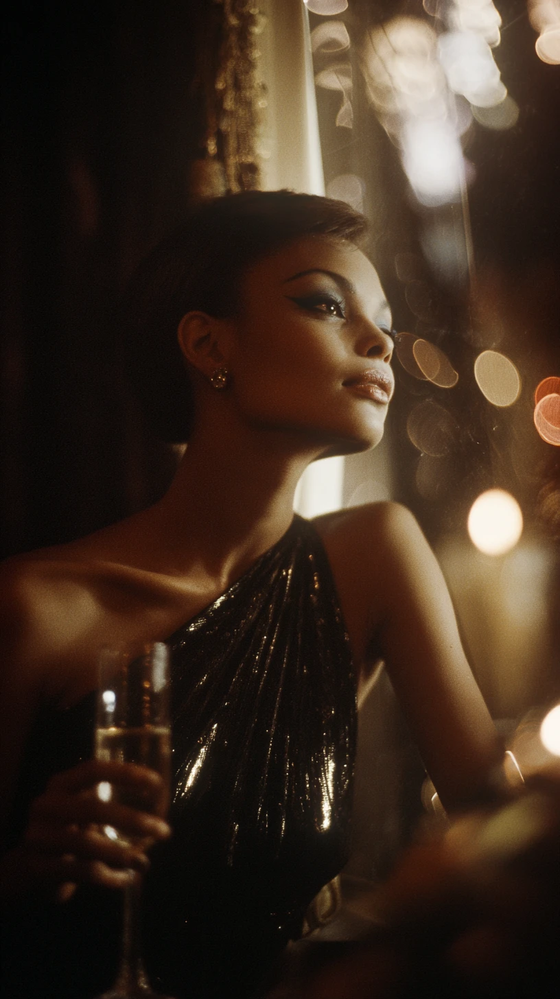 Elegant Black model on Paris balcony at midnight