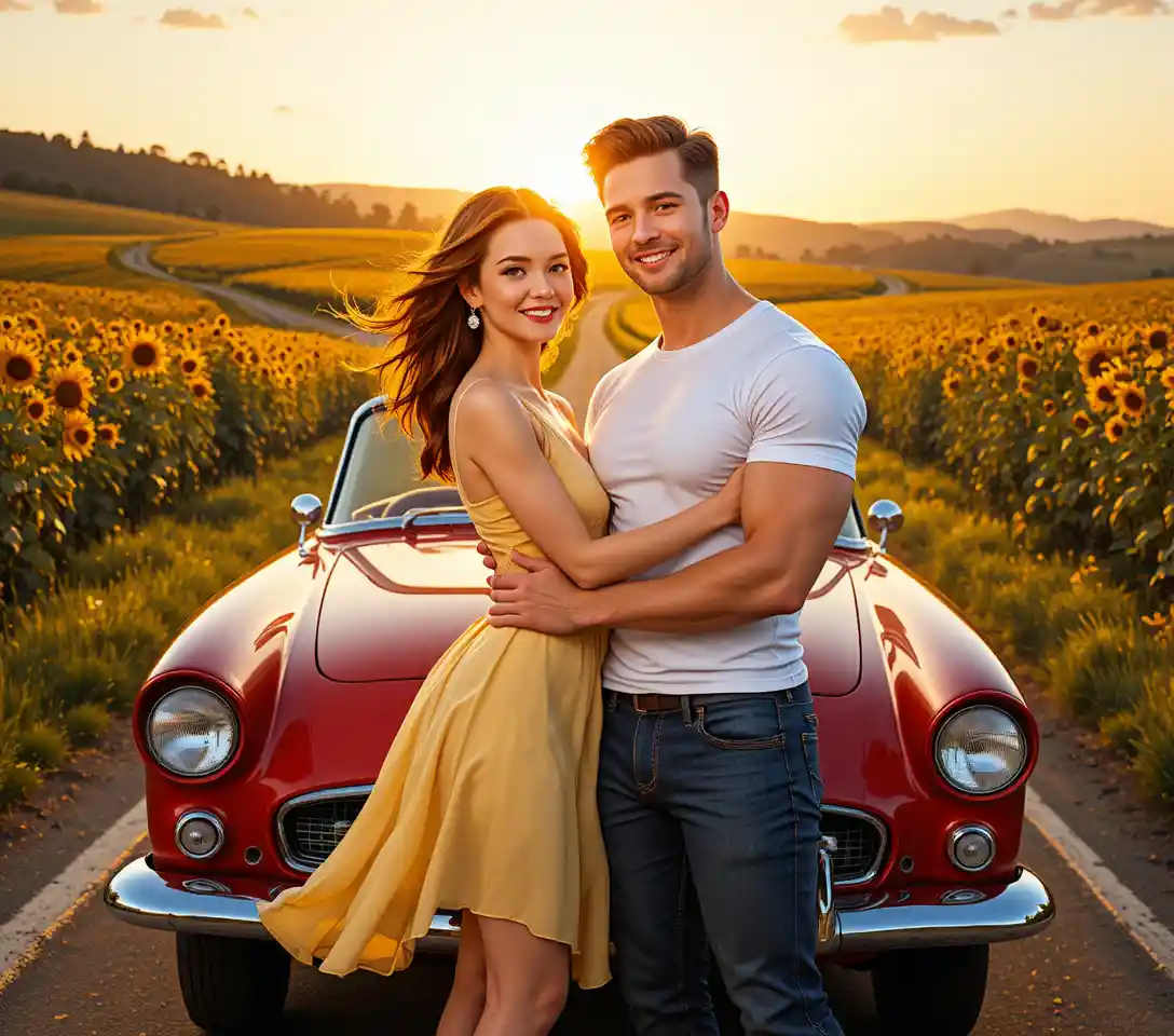 Smiling couple embracing by a red vintage convertible at sunset