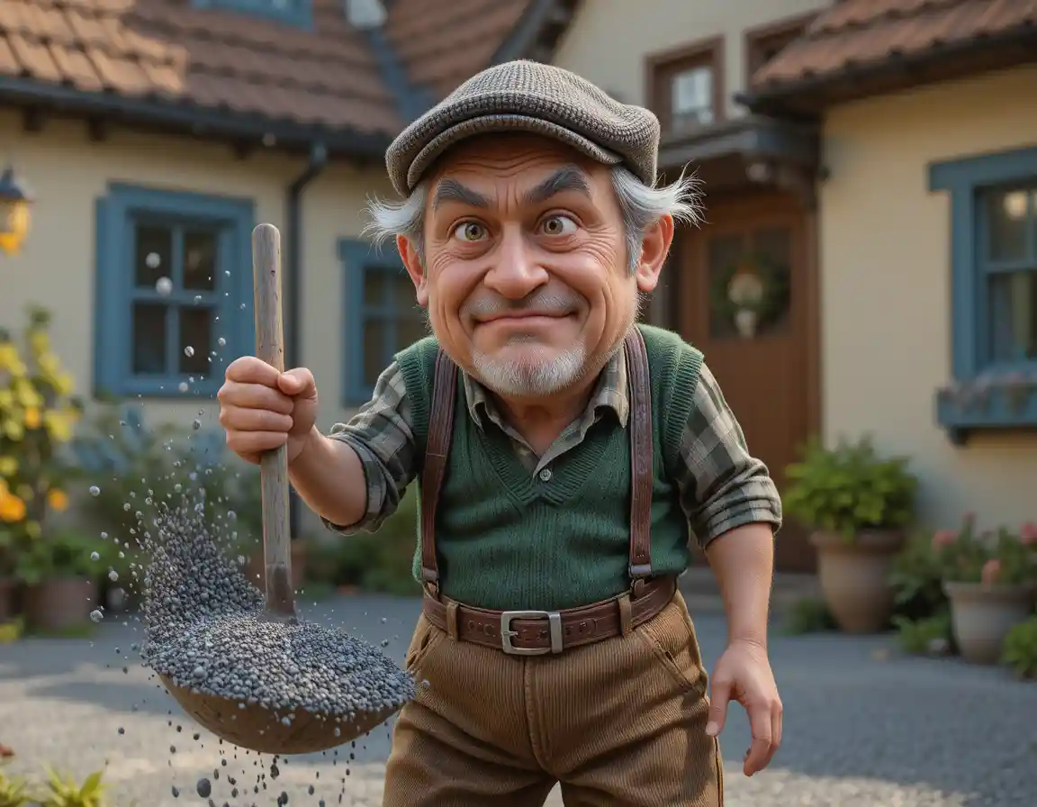 Abuelo gruñón lanzando grava en el patio de una casa de campo