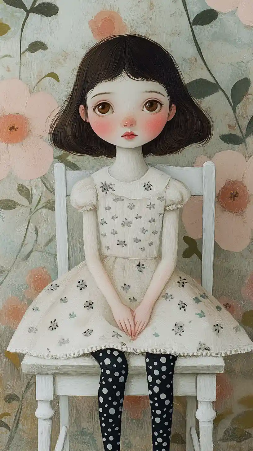 Anime girl on white chair with floral pink wallpaper