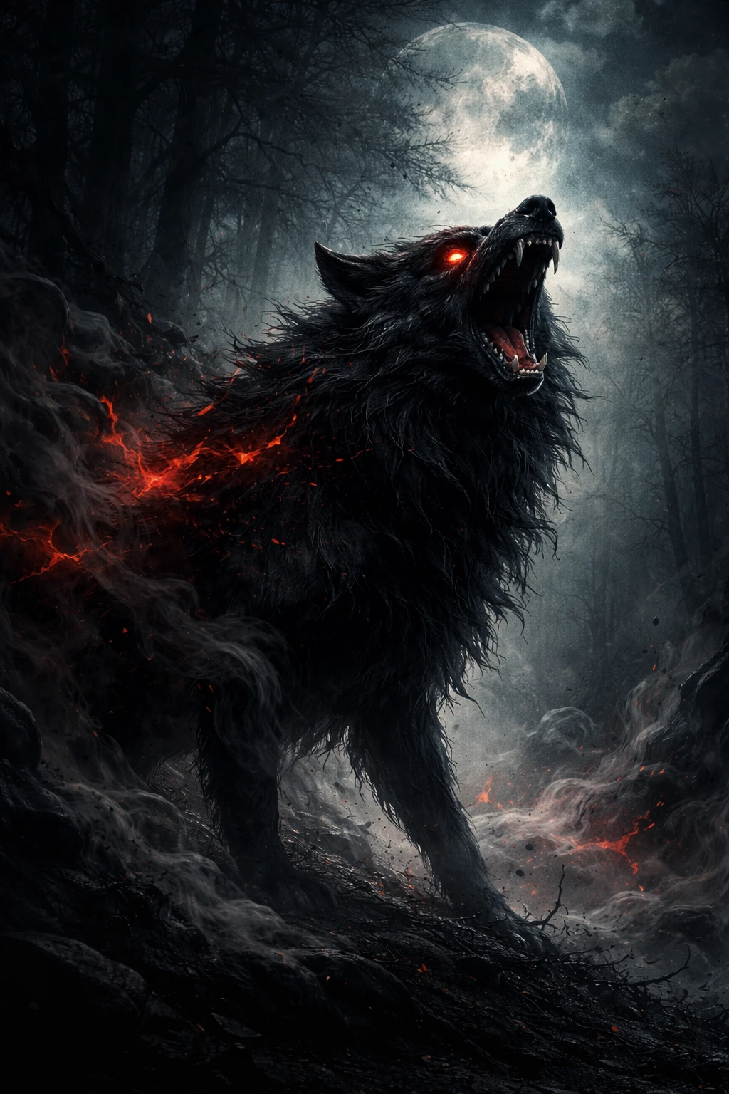 Dunkler Wolf heult am Rand eines rauchigen Waldes